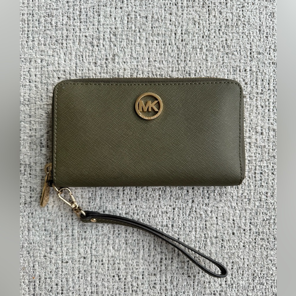 Michael Kors Olive Green MK Emblem Zip Wallet